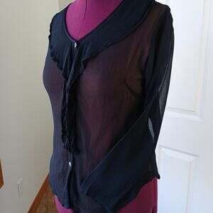 Vintage 1990s Phool Ruffle Collar Blouse M sheer black button up orange lining